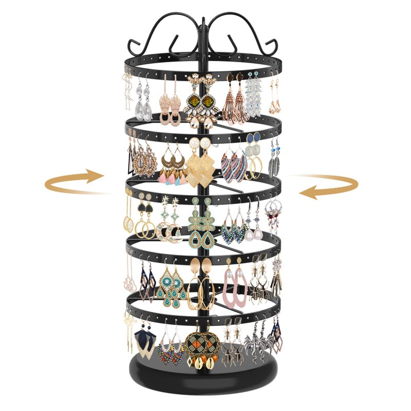 MODOWEY 5 Tiers Metal Rotating Earring Holder Organizer Stand Adjustable Display Tree, 220 Holes Large Carousel Rack for Stud Hoop Pierced Dangling Women, Ideal View for All Earrings, Black - Image 1